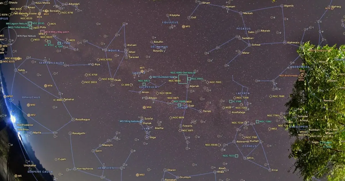 A night-sky photo with constellations, stars and galaxies labelled